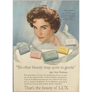 LUX Bar Soap Jean Simmons "No Other Beauty Soap Quite So Gentle" Print Ad 1959